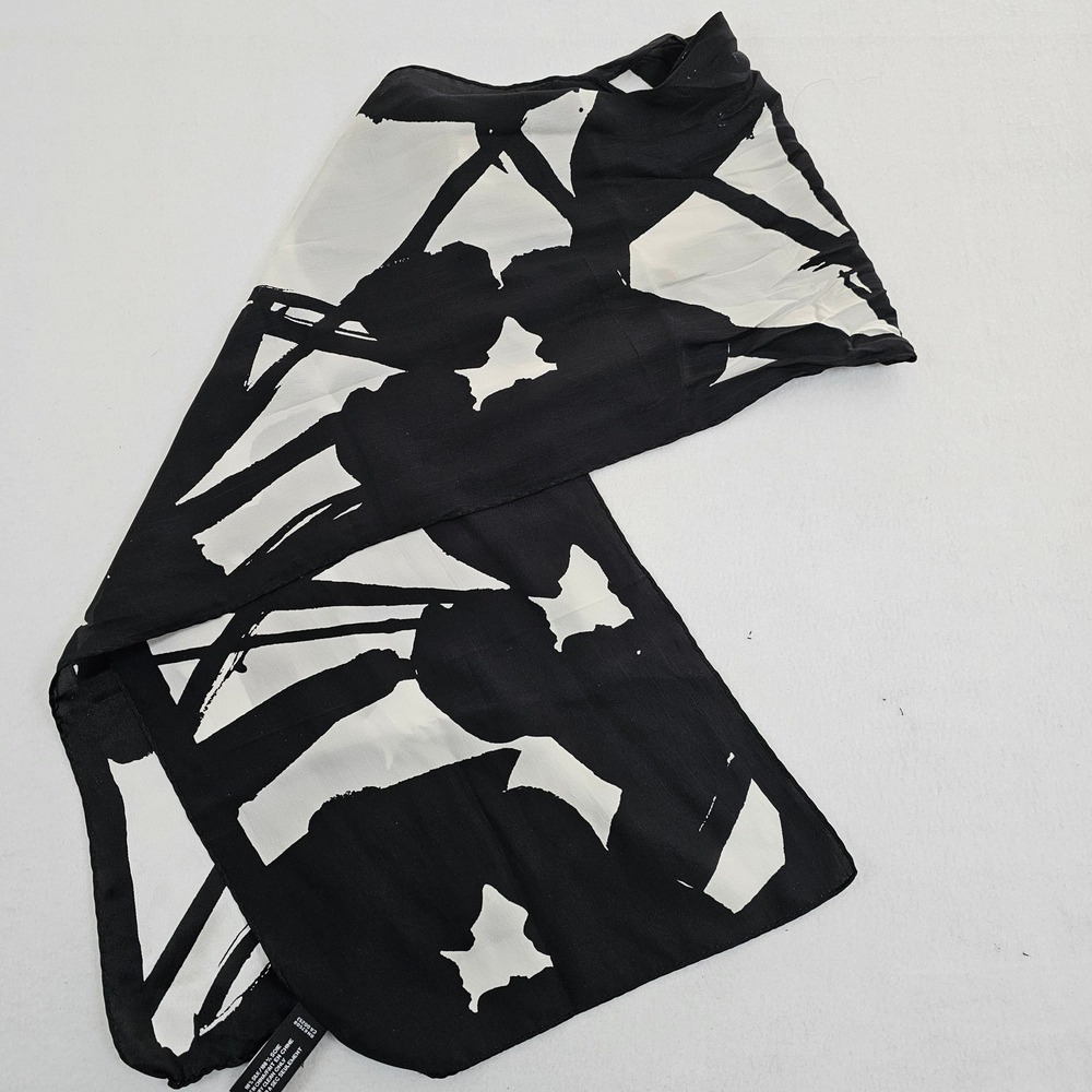 Jones New York Black White Abstract Print 100% Silk Scarf Oblong 58x8